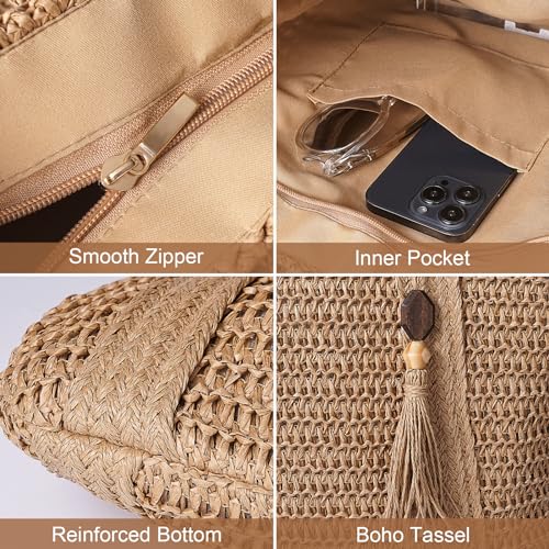 Image of Pleneal Straw Beach Bags for Women - Women Beach Handmade Woven Tote Bag, Summer Mesh Hollow Shoulder Bag for Holiday