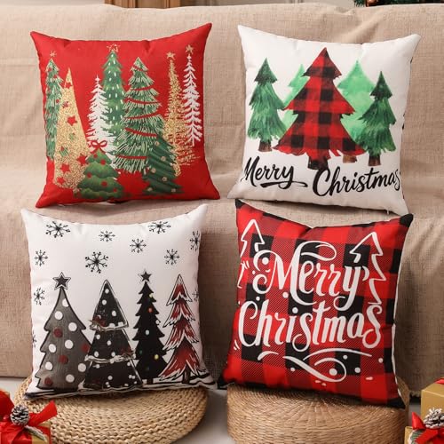 Double-Sided Print Christmas Pillow Covers 20"x20" Set of 4, 8 Cute Christmas Patterns, Tree, Truck, Joy, Merry Christmas, Let It Snow, Snowman Etc, Perfect for Home Decor