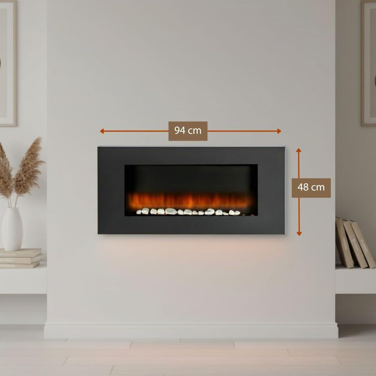 Vancouver Elektrokamin mit Heizung - Elektroheizung 105,5 x 48 x 12 cm - Elektroherd mit LED-Flammen - mit Heizung, Fernbedienung und Timer - 2000 W - Wandmontage - Schwarz