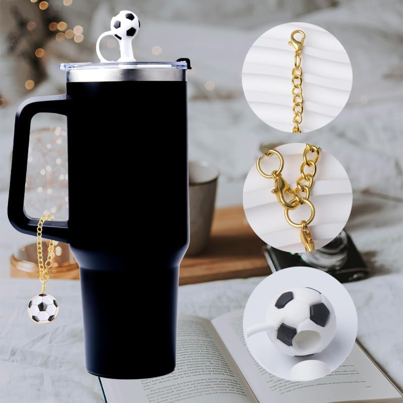 Soccer Straw Cover Cap for Stanley Cup - 2Pcs Toppers Accessories, Charms Handle for Tumblers, Bracelet, White Silicone Straws Reusable image 5
