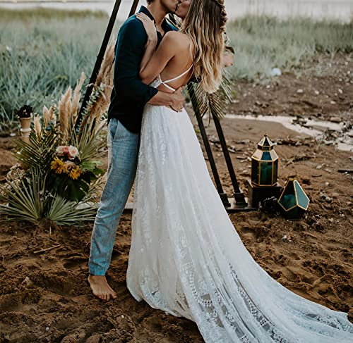 Women's Lace Boho Wedding Dresses for Bride 2022 with Long Sleeves Bohemian Beach Mermaid Bridal Gowns3