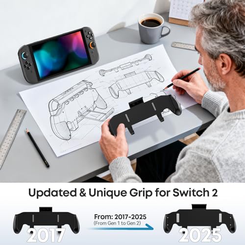 Image of Grip Compatible with Nintendo Switch 2, Switch 2 Ergonomic Grip Case with Adjustable Stand, Comfort Game Accessories with 5 Game Card Slots and 4 Thumb Caps