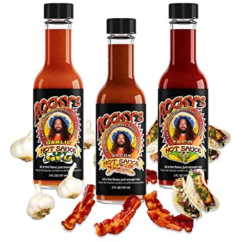 Rocky's 3 Pack! Bacon - Garlic - Taco – Gourmet Red Chili Sauce with Perfectly Balanced Heat – Great Hot Sauce Gift and Wing Sauce - 5 oz (3 pack) Cover