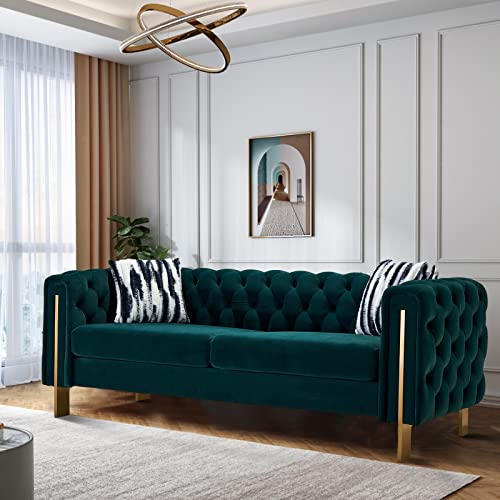 Image of Dolonm Velvet Tufted Sofa for Living Room, 84 inch Mid-Century Modern Couch with 2 Throw Pillows, High Arms & Gold Metal Legs, Luxury Chesterfield Furniture (Green)