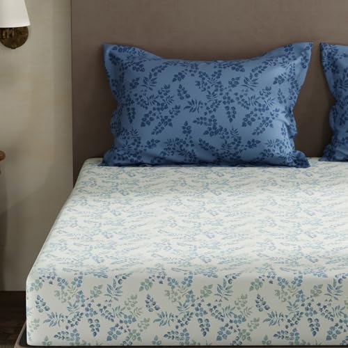 Image of Layers 100% Cotton King Size Bedsheet Set | Blue Floral Print | 120 TC Forever Collection | Soft & Breathable | Washable Bedsheet with 2 Pillow Covers | All Season