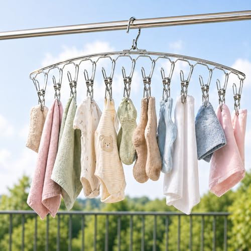 Image of PUREAGLE Premium Clips for Clothes Drying | Stainless Steel Cloth Dryer Hanger 12 Clips | Clothes Drying Stand Hanger for Socks, Baby Clothes, Undergarments | Rustproof Heavy Duty