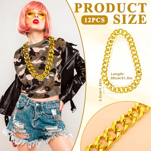 12 Pcs Fake Gold Chain Necklace Set, Chunky Hip Hop Rapper Costume Jewelry for Men & Women, 32 Inch Resin Plastic Party Accessories, 80s 90s Punk Style Non-Fading Bling Bling Chains2