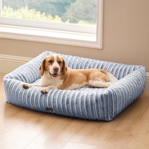 Image of Bedsure ComfyFleece Dog Beds Large Sized Dog Washable,36in Blue Indigo | Furry Big Rectangle Pet Beds,Cute Aesthetic,Orthopedic Corduroy Fleece,Removable Zipper Cover,Non-Slip Bottom,Up to 60 Lbs