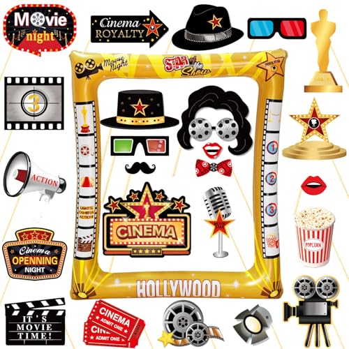 LMSHOWOWO Lot de 25 accessoires de photomaton gonflable pour soirée cinéma, cadre de selfie gonflable Hollywood, pour décorations de fête sur le thème...