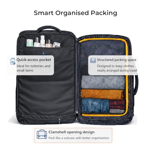 Image of Expandable Travel Backpack 45L, Anti-Theft Number Lock Laptop Bag for Men Women, Waterproof Carry-On Backpack with USB Charging Port, YKK Zippers, Clamshell Opening - Black