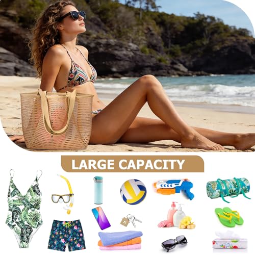 Image of Iioscre Beach Bag for Women, Causal Hobo Handbags with Zipper Inner Pocket, Foldable Swim Tote Bag for Vacation Essentials