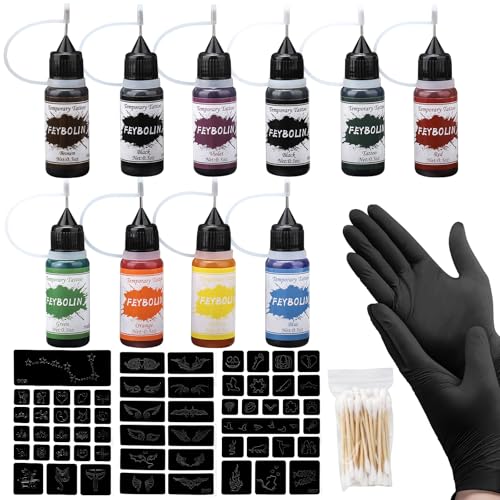 Kit Tatuaje Temporal Adulto Tattoo Personalizado 10 Botellas Color, kit de plantillas de henna con 58 plantillas y accesorios para tatuajes temporales, arte corporal DIY