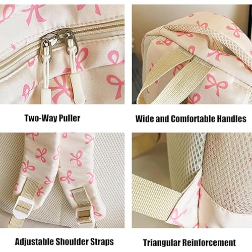 3 Pcs Set Bow Backpack for Girls, Aesthetic Daypack Nylon Rucksack Bags, Kawaii Backpack with Bows (Pink)3