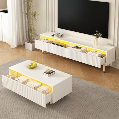 Ligterra Juego de muebles de salón, mueble de TV con 4 puertas y mesa de café con 2 cajones, diseño de madera dorada, iluminación LED, estructura ondulada y frontal acrílico, espacio de almacenamiento