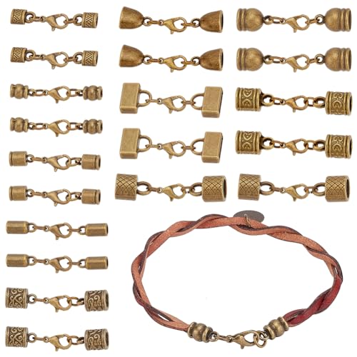 PH PandaHall 10 Styles Tibetan End Caps, 20 Sets Leather Cord End Caps Alloy Tube Barrel End Tip with Lobster Clasp Rope End Caps with Ring Connector for Necklaces Bracelet Jewelry Making