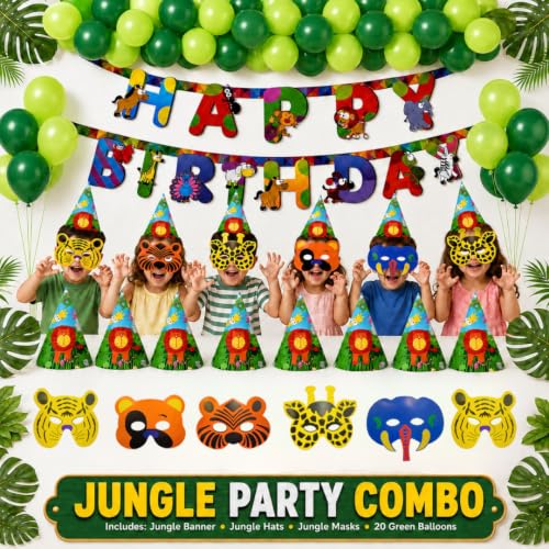 Image of Wanna Party Jungle Theme Birthday Decoration Combo Pack, 35 Pieces | 1 Jungle Happy Birthday Banner, 8 Jungle Party Hats, 6 Jungle Eye Masks & 20 Green Latex Balloons
