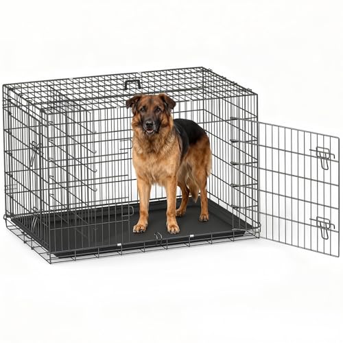 BestOffice Hundekäfig, klappbar, mit 2 Türen, ausziehbar Kunststofftablett und Griff, Hundetransportbox für Reisen, 122x74x79cm, XXL, Transportbox- Haustiere, Innen und Außenbereich, Schwarz