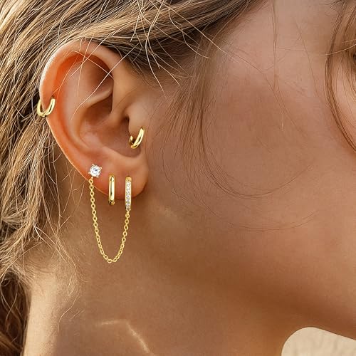 Image of Small Gold Huggie Hoop Earrings Set for Women Men Hypoallergenic 14K Plated Stack Cartilage Earrings, Sterling Silver Multiple Piercing Lightweight Mini Thin Cute Dainty Trendy Jewelry Gifts for Women
