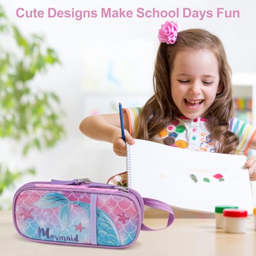 Image of Cute Kids Pencil Case - Girls Pen Pouch Large School Organizer | Pen Bag & Smooth Zipper, Multi-Slot Storage, Mesh Pocket, 900D Water Resistent, Giftable School Supplies, Purple Mermaid
