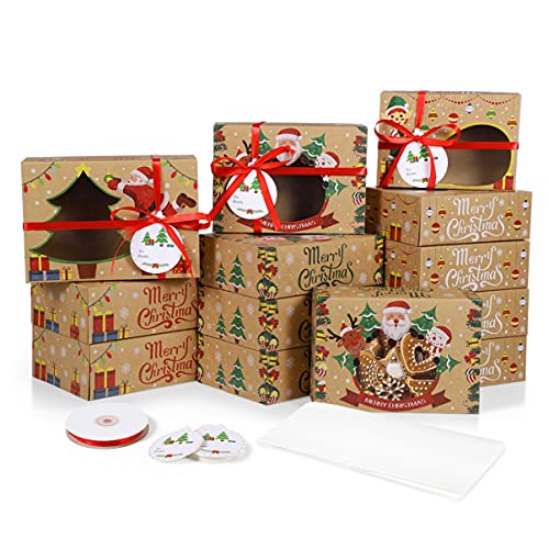 Unomor Christmas Treat Boxes, Paper Gift Boxes, Xmas Kraft Boxes Party Favor Oilproof Folding Sweets Cookie Biscuits Cupcake Holder for Kids Friends Family 24PCS