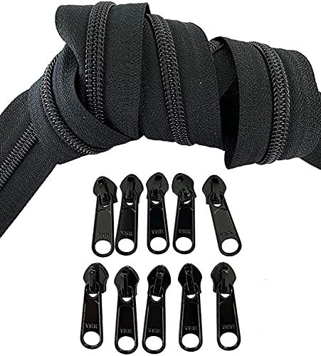 #5 YKK Continuous Nylon Coil Black Zipper Chain Includes #5 Black Non-Locking Long Pulls with Bottom Stops - Color Black - Choose Your Length - Made in The United States (20 Yards & 25 Pulls)