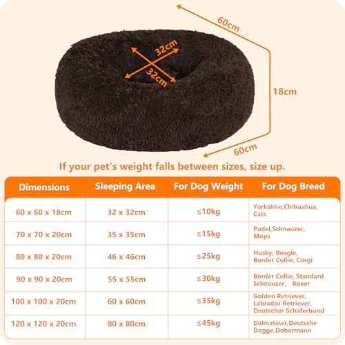 HMTOPE Orthopädisches Hundebett rund Hundekissen Hundesofa Katzenbett Donut Kuscheliges Hundekorb Waschbar, 60 cm Ø, Braun