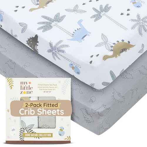Image of Baby Dinosaur Crib Sheets for Boys & Girls Toddler Bed Sheets Cotton Fitted Crib Sheet Neutral Sets 28"x52", 8" Deep Pocket, Baby Mattress Sheet 2Pack 100% Cotton, Designed in France, Grey-White
