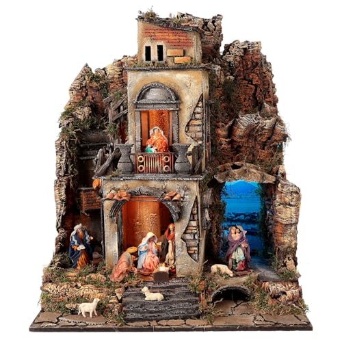 Holyart Lighted Neapolitan Nativity Scene with sea 12 cm, 50x60x74 cm, with figurinesLength: 60 cm|Width: 50 cm|Height: 74 cm