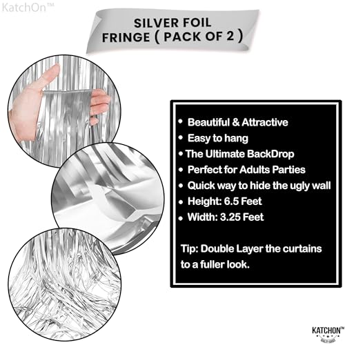 Image of 2 Pack Silver Foil Fringe Curtain for Disco Party Decorations | Silver Streamers Backdrop for Disco Decor | Metallic Silver Fringe for Birthday Baby Shower Wedding Bachelorette Engagement, KatchOn