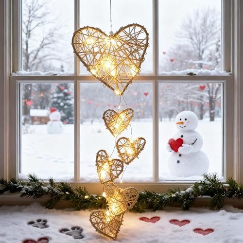 Herz Lichterkette mit 6 Beleuchteten Rattan Herzen Ramadan Deko Lichterkette LED Deko Hänger Batteriebetrieben in Weiß Warmweiß herz deko für Wanddeko Hängedeko Weihnachten Fenster Lichter Indoor