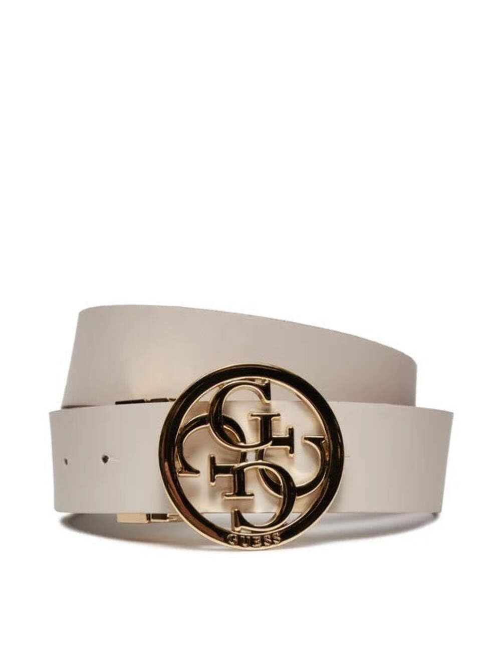 GUESS Ceinture pour femme avec logo, boucle dorée circulaire, design monogramme beige