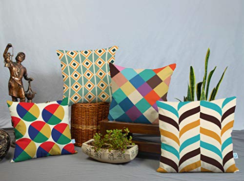 BRICK HOME Set of 4 Polycotton Printed Cushion Covers 18x18 Inches | Geometric Triangle & Diamond Pattern | Teal, Mustard, Brown & Beige | Soft Decorative Pillow Covers for Sofa, Couch & Living Room