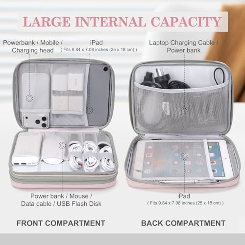 Image of FYY Electronic Organizer, Extra Large Travel Cable Organizer Bag Pouch Portable Waterproof Double Layers All-in-One Storage Bag for iPad, Cable, Power Bank, Laptop Charger for Office /Home, Light Pink