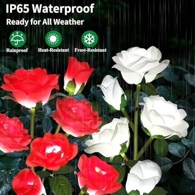 Solar Lights Outdoor Garden Decorative 4 Pack, Waterproof Solar Flower Lights with 20 Realistic Rose for Patio, Back Yard, Flower Bed, Pathway, Patio, Porch, White and Red