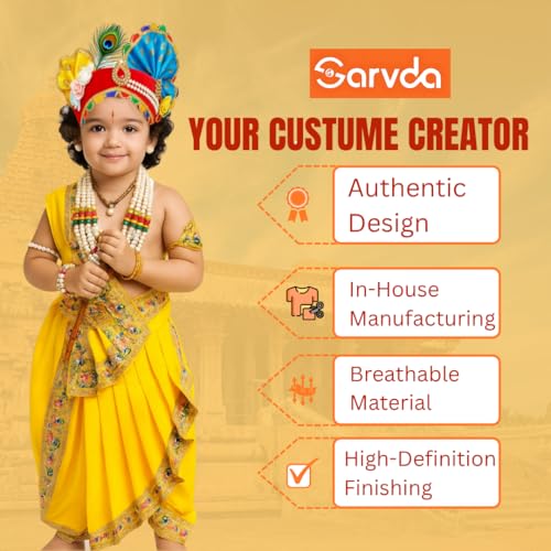 Image of Sarvda Shree Krishna Dress for Baby Boy & Radha Dress for Girls | Janamashtami Dress | Fancy Dress Costume with Accessories Dhoti, Dupatta, Mukut Flute Complete set, Ethnic wear