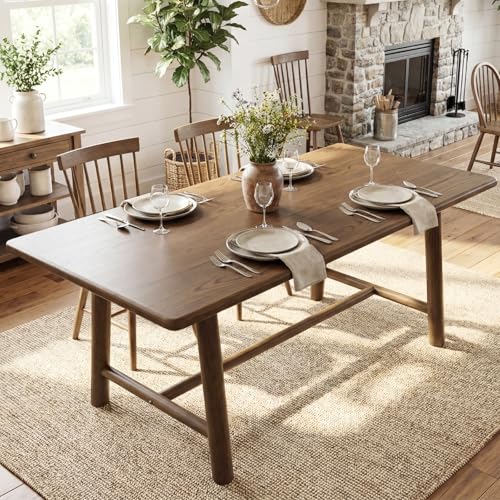 Image of Ya-Home Walnut Dining Table, 69 inch Wood Kitchen Table with Solid Wood Legs, Seats 4-6, Modern Farmhouse Dinner Table for Dining Room Home Office