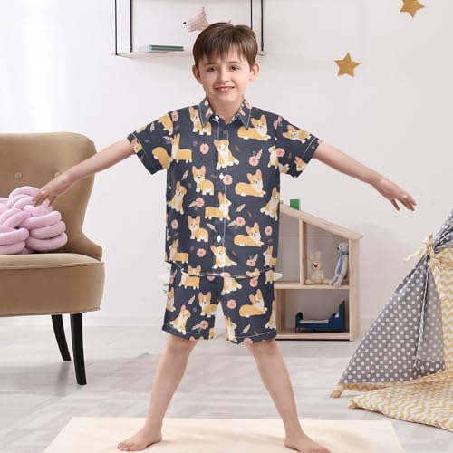 Image of Sunflower Floral Yellow Black Short Sleeve Hawaiian Button Down Shirts and Short Sets for Boys Toddler Summer Outfits