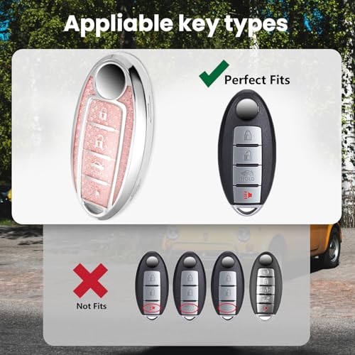 Image of for Nissan Key Fob Cover with Fashionable Zirconia Wristlet Keychain, Enchanting Diamond Patterns Soft Case for Murano Pathfinder Rogue Titan Versa (4 Button) (Pink, B)