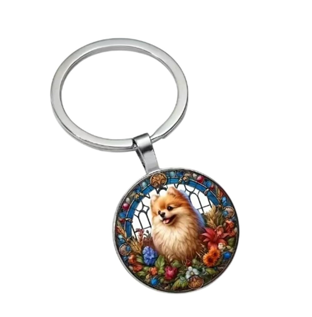 CMJ™ Pomeranian Glass Dome Keyring Gift for Dog Lovers Dogs Breeds Keychain