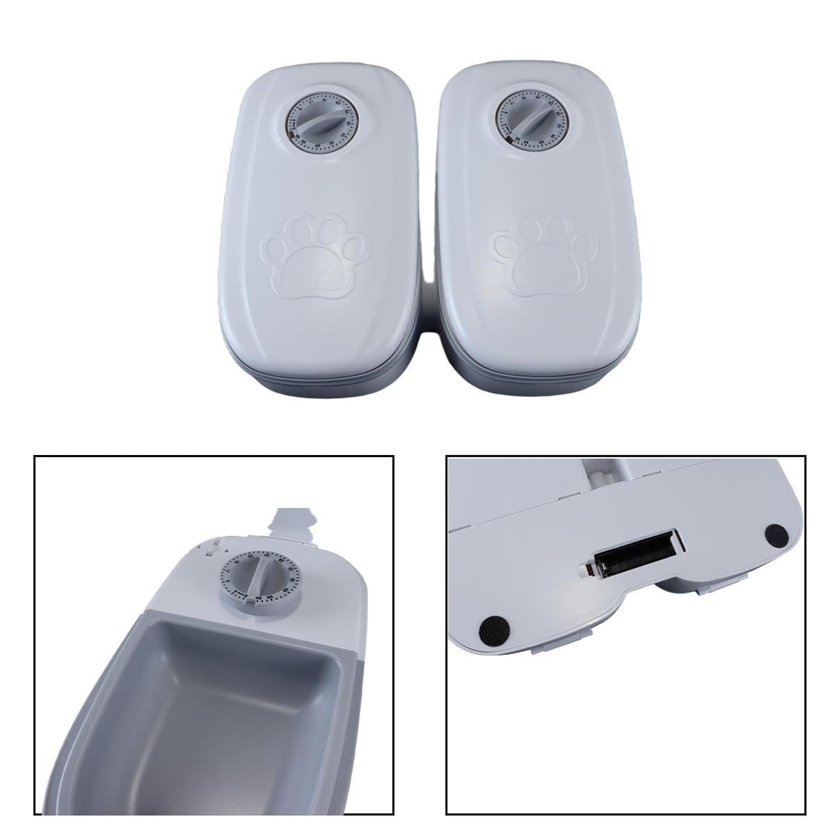 Distributeur automatique de croquettes et d'aliments humides pour chats et petits chiens, 2 repas, capacité 700 ml, minuterie, double bol, gris.