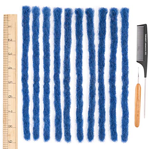DAIXI 8 inch 10 Strands 100% Real Human Hair Dreadlock Extensions for Man/Women Full Head Handmade 0.8-1.2cm Locks Crochet Braids Soft Dreadlocks Bulk with Needle and Comb (8inch, Blue)