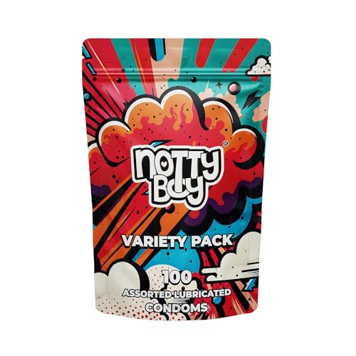 NottyBoy Condoms 100 Pack Variety Combo of Ribbed & Dotted, Extra Dotted, Thin, Delay, Strawberry, Chocolate and Green Apple Flavored Condoms