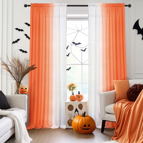 Image of Melodieux Linen Ombre Semi Sheer Curtains 96 Inches Long for Living Room, Orange White Horizontal Gradient Rod Pocket Voile Drapes, 52 by 96 Inch, 2 Panels