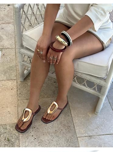 Image of Wnshonzy Flip-Flops for Women Thong Sandals Flat Slip on Slides Beach Comfort Open Square Toe Ladies Slipper Dressy Metal Hardware Decoration Summer Shoes Casual Fashion