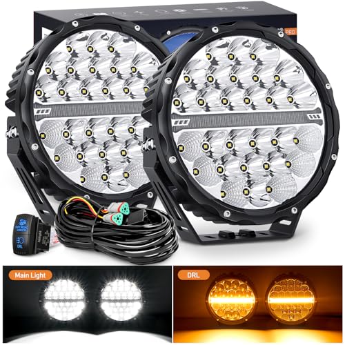 Nilight LED Offroad Driving Lights with Amber DRL 2PCS 9 Inch Round 140W IP68 Spot Flood Combo Work Light Bar with 12AWG DT Connector Wiring Harness Kit for 4x4 Truck ATV UTV SUV