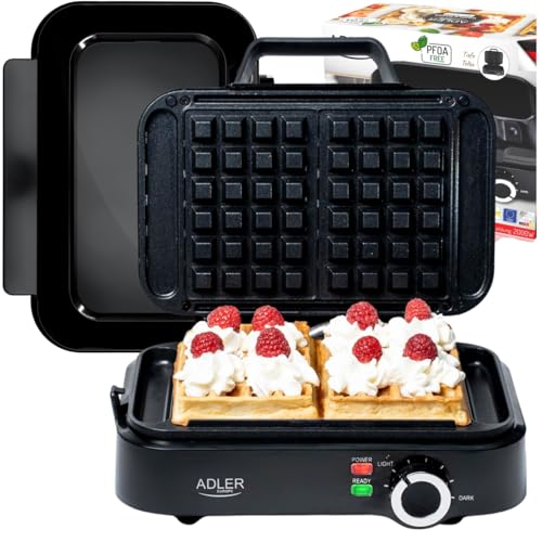 ADLER EUROPE Mini Gaufrier 2000W – Gaufrier Compact avec Revêtement Antiadhésif – Température Réglable – Gauffre Prépare 2 Grandes Gaufres –...