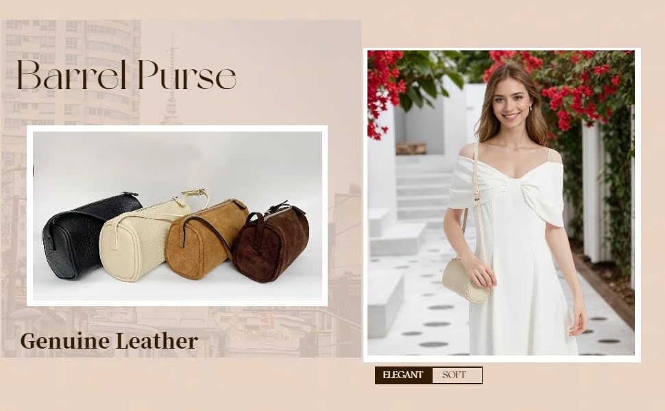 Image of Genuine Leather Barrel Purse Small Top Handle Bags for Women Cylinder Purses Hobo Bag with Adjustable Strap