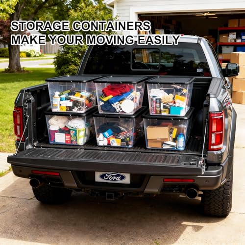 Image of SIMPLYKLEEN Storage Totes with Lids - Made in USA 14.5-Gallon (58-Quart) 4-Pack Clear Plastic Storage Bins with Black Lids Storage Containers Large Storage Boxes Organizer for Home, Office, and Garage