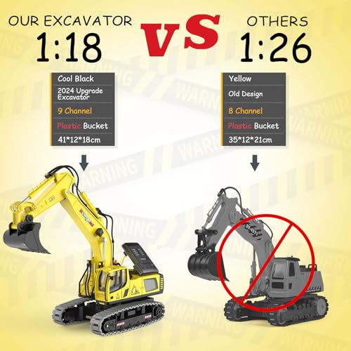 Image of kolegend Remote Control Excavator Toy 16 Inch, 11 Channel RC Construction Vehicles Hydraulic Haulers Digger Toys Gift for 6+ Years Old Kids Boys