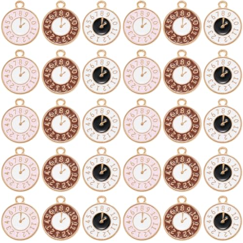 SUNNYCLUE 1 Box 60Pcs 3 Colors Gold Clock Charms Enamel Charm Bulk Metal Alloy Pink Brown Alarm Watch Number Mini Dangle Charm for Jewellery Making Charms Bracelets Necklaces DIY Crafts Accessories
